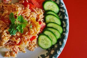 Ham fried rice with onions, Asian style fried rice, street food fried rice available in Thailand. photo