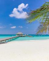 Amazing panorama landscape of Maldives beach. Tropical beach landscape seascape, luxury water villa resort wooden pier. Luxurious travel destination background for summer holiday and vacation concept photo