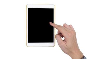 Male hand with a white tablet touch computer gadget with touch blank black screen isolated on white background. photo