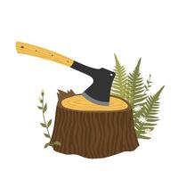 A steel axe with a wooden handle on the stump. Vector clipart.