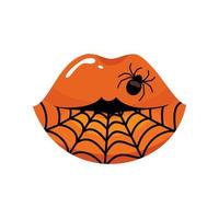 Halloween lip makeup, spider web, spider, pumpkin color lipstick. vector