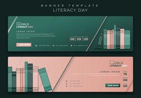 plantilla de banner verde y rosa en diseño de paisaje con estantería para el diseño del día mundial de la alfabetización vector