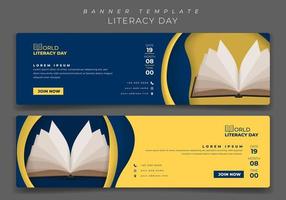 Banner template in landscape blue and yellow background for literacy day design