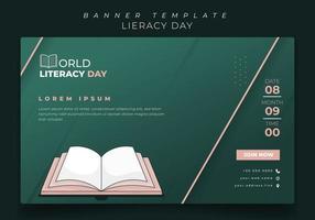 banner template with opened book in green background design for literacy day design vector