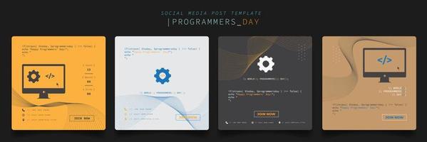 Set of social media post template with gear and computer monitor in pixel design for programmer day vector