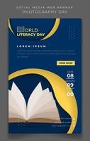 plantilla de banner en fondo de retrato azul con libro abierto para el diseño del día mundial de la alfabetización vector