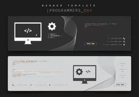 diseño de plantilla de banner con monitor de computadora y equipo en fondo gris para el diseño del día de los programadores vector