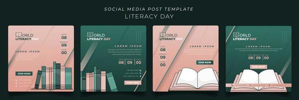 Set of social media post with bookshelf design in green and pink background for literacy day design vector