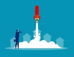 Businessman launches rocket. Concept business startup vector illustration, Successful, Achievement.