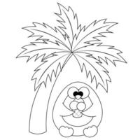 Summer Penguin under the palm tree. Draw illustration in black and white vector