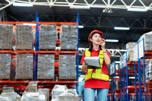 Engineering technician worker is operating the machine inside warehouse using walkie talkie and manual device monitor to command the order for line production photo