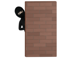 3d ladrão isolado escondido atrás da parede de tijolos png