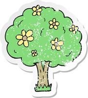 pegatina retro angustiada de un árbol de dibujos animados con flores vector