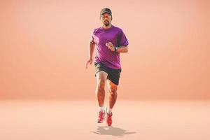 Healthy Asian man running on colored background with copyspace. photo