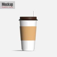 White plastic disposable cup with lid for cold beverage - soda, ice tea or coffee, cocktail, milkshake, juice. 450 ml. Realistic packaging mockup template. 3d illustration photo