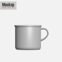 Matte white enamel metal cup. Realistic packaging mockup template with sample design. 3d illustration. Contains an accurate mesh to wrap your artwork with the correct envelope distortion. photo