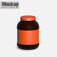 White metallic plastic jar with lid and label for protein, mass gainer, powder, pills. Photo-realistic packaging mockup template with sample design.  3d illustration. photo