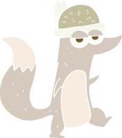 flat color illustration of a cartoon little wolf wearing hat vector