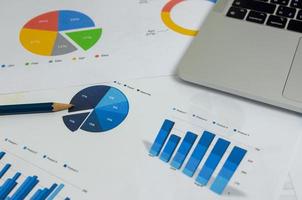 Business document graph finance report statistic analysis and chart investment information with computer laptop on desk at office. photo