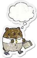 cartoon bear in work clothes and thought bubble as a distressed worn sticker vector