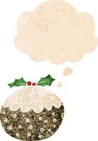 cartoon christmas pudding and thought bubble in retro textured style vector