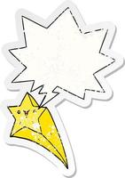 cartoon shooting star and speech bubble distressed sticker vector