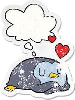 pingüino de dibujos animados enamorado y burbuja de pensamiento como una pegatina gastada angustiada vector