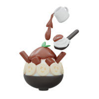 Rendu 3d de glace pilée bingsu banane chocolat isolée sur blanc. style de dessin animé de rendu 3d. png