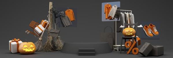 Halloween Sale Promotion Poster  with Halloween Pumpkin and fashion shopping clothes and gift box with Product podium scene. Website spooky, Background for banner Halloween. wide screen -3d render photo