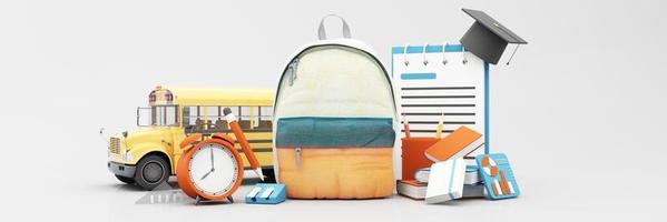 Back to school with school supplies and equipment. School bus with school accessories and books on pastel color orange and blue tone background realistic cartoon. 3D Rendering, widescreen photo