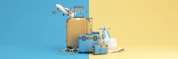 Travel and adventure and departure concept In summer, surrounded by luggage, camera, sunglasses, hat with scooter car and airplane and world map. pastel tones on web banner form. cartoon -3d render photo