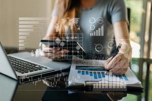 Financial report data of business operations balance sheet and income statement as Fintech concept. photo