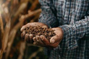 Oldman farmer holding soil in cupped hands in farm photo