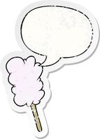 algodón de azúcar de dibujos animados en palo y pegatina angustiada de burbuja de habla vector