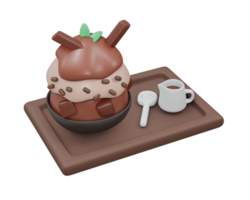 3D-Darstellung von Schokoladen-Bingsu-Eis auf einem Tablett isoliert auf Weiß. 3D-Render-Cartoon-Stil. png