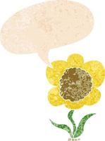 cartoon flower and speech bubble in retro textured style vector