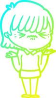 cold gradient line drawing annoyed cartoon girl vector