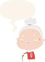 cartoon old woman and walking stick and speech bubble in retro style vector