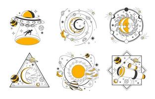 Minimalistic Monotone Outer Space Planet and Star Tattoo Sticker vector