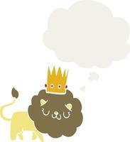 cartoon lion with crown and thought bubble in retro style vector