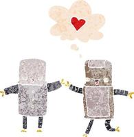 cartoon robots in love and thought bubble in retro textured style vector