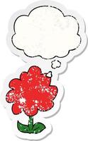 cartoon flower and thought bubble as a distressed worn sticker vector