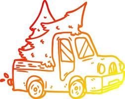 warm gradient line drawing pickup truck carrying christmas trees vector