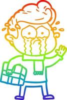 rainbow gradient line drawing cartoon crying man with present vector
