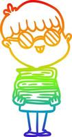 rainbow gradient line drawing cartoon nerd boy with spectacles and book vector