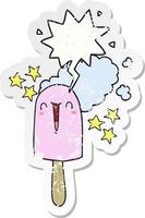 cute cartoon ice lolly and speech bubble distressed sticker vector