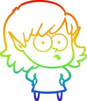 dibujo de línea de gradiente de arco iris niña elfa sorprendida de dibujos animados vector