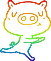 rainbow gradient line drawing cartoon content pig running vector