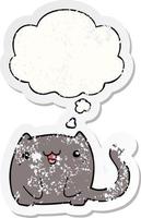 cartoon cat and thought bubble as a distressed worn sticker vector