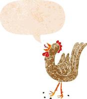 cartoon crowing cockerel and speech bubble in retro textured style vector